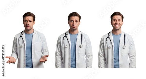 Fototapeta Three images of a doctor showing different emotional expressions