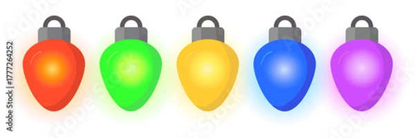 Fototapeta Colorful glowing Christmas bulbs in red, green, yellow, blue, and purple colors. Festive decorative lights for New Year celebration, holiday card, or winter background, isolated on white.