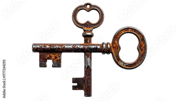 Fototapeta Three old, ornate, rusty keys overlapping on black background