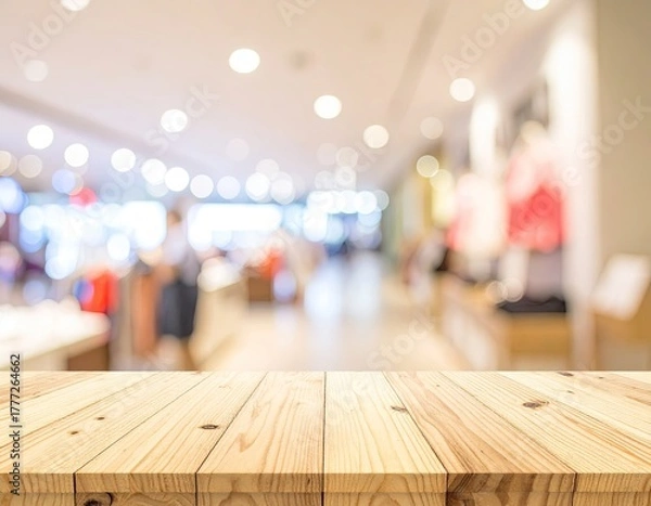 Fototapeta Store focus on wood table, blurred shop interior behind