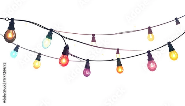 Fototapeta Colorful string lights garland, digital illustration, festive