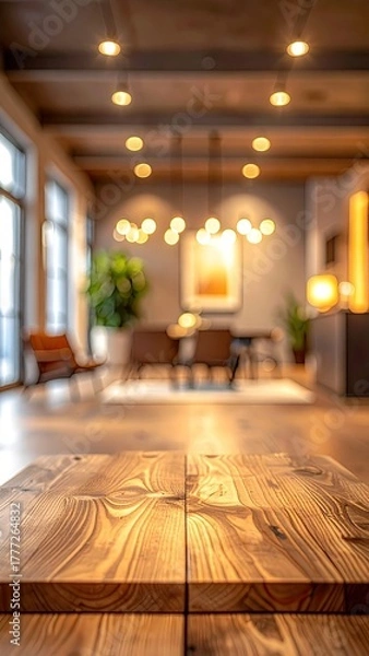 Fototapeta Wooden tabletop overlooks blurred dining room