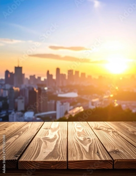 Fototapeta Wood table overlooks hazy city skyline at golden sunset