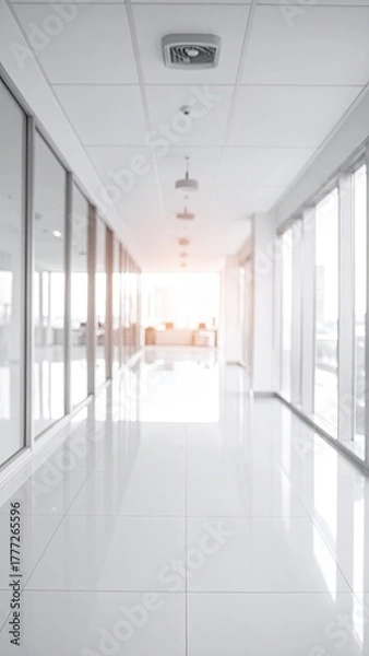 Fototapeta Gleaming office hallway; natural light floods from end