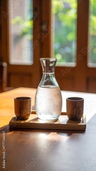 Fototapeta Carafe of water with two wooden cups on tray in soft daylight by window.