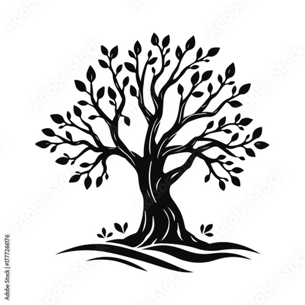 Obraz Stylized tree silhouette with curved trunk and leaves, nature emblem for eco design, or logo concept, tree vector silhouette, nature symbol, eco logo, forest emblem