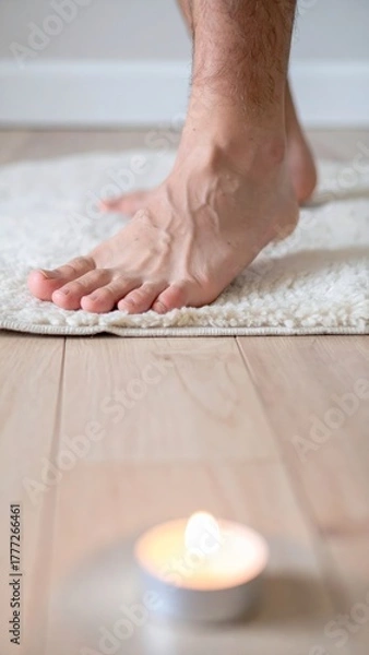 Fototapeta Bare feet near burning candle on light rug in soft daylight.