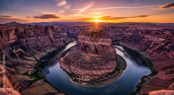 Obraz Stunning panoramic view of a horseshoe-shaped canyon carved by a river at sunset