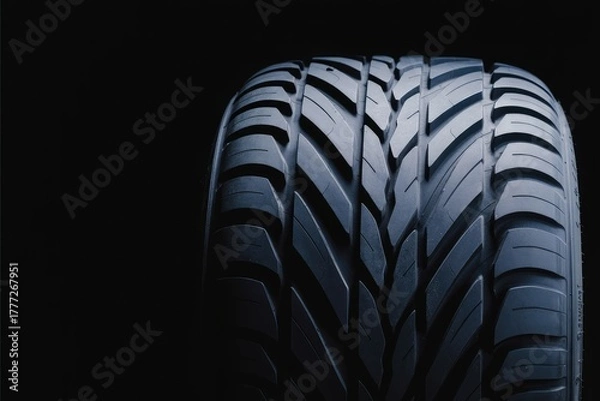 Fototapeta Close-Up of Car Tire Tread Pattern on Black Background