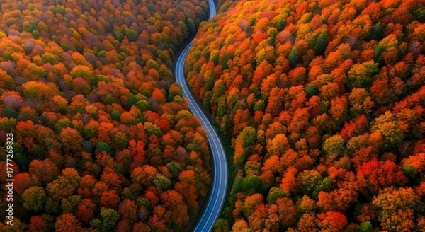 Obraz A breathtaking aerial drone shot of a winding road cutting through a dense forest in peak autumn. The trees are a vibrant tapestry of red, orange, and yellow leaves. The scene is captured from a high 