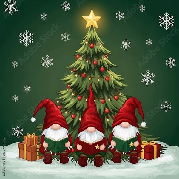 Fototapeta Three cute christmas gnomes with gifts and decorated tree in festive snow scene isolated on white background