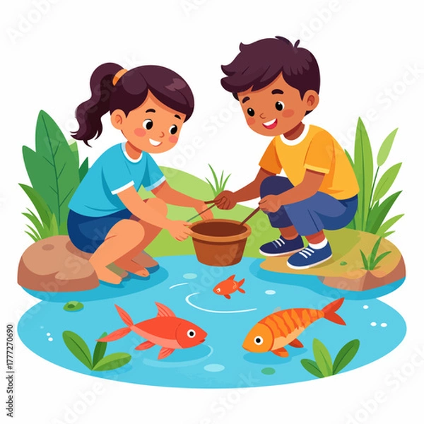 Fototapeta Cheerful cartoon boy and girl fishing in a pond with vibrant orange fish.