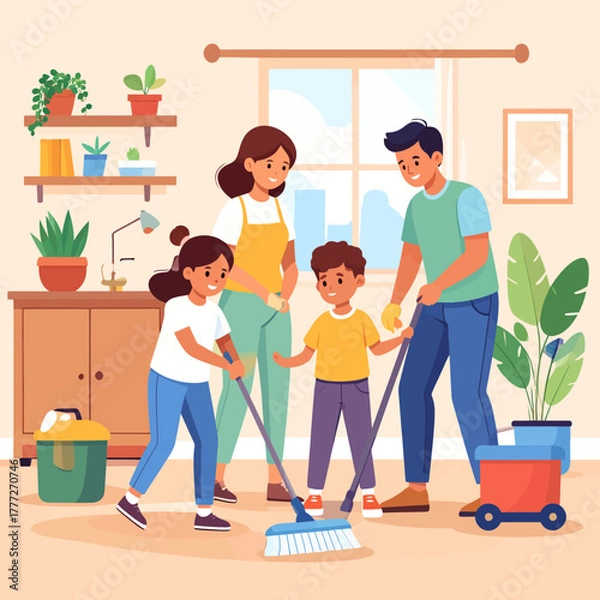 Fototapeta Cheerful Family Actively Engaged in Household Cleaning Together.