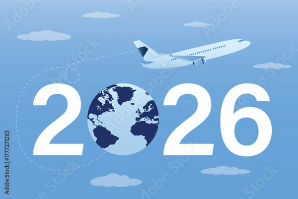 Fototapeta Flying airplane, trip and holidays in 2026 on blue sky background. Time to travel. Horizontal banner. Vacation, global trip. Motivational poster, design for web or marketing