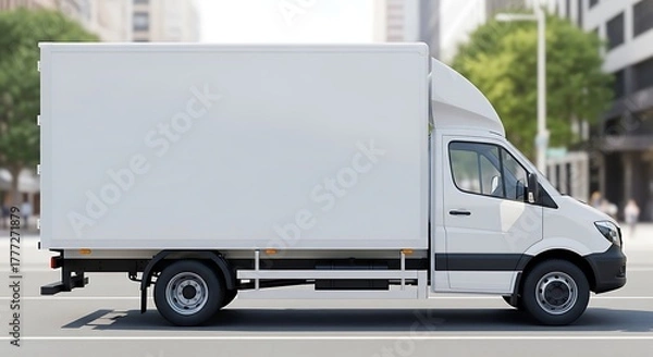 Fototapeta A side view of a white commercial cargo vehicle driving on a road. City buildings and trees are in the blurry background