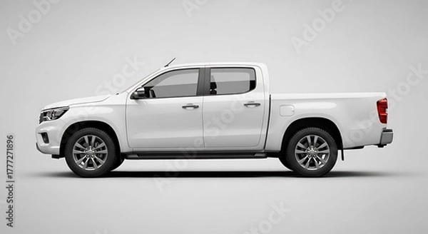 Fototapeta A side-view studio shot of a white pickup truck. It has a crew cab, alloy wheels, and a spacious bed. The background is seamless and gray