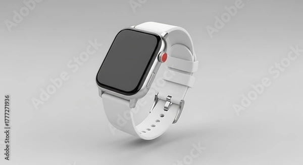 Fototapeta A sleek, modern smartwatch in a light gray setting, showcasing a white band and silver bezel. Includes a side button and buckle