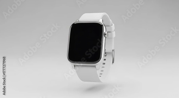 Fototapeta A sleek, modern smartwatch in a light-colored hue, showcasing a square display and a matching band against a plain background