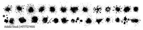 Fototapeta Set of blots. Black spots of paint on a white background. Grunge frame of paint. Hand drawn. Not AI, vector illustration.