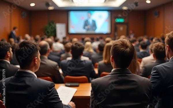 Fototapeta Business people or students are watching a presentation or attend a training or seminar in a lecture hall or auditorium. Conference hall full of people participating in the business training