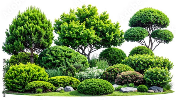 Obraz Landscaped garden with diverse bushes, plants, and rocks