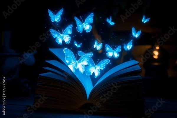 Obraz Glowing butterflies emerge from an open book in a dark room, creating a magical atmosphere