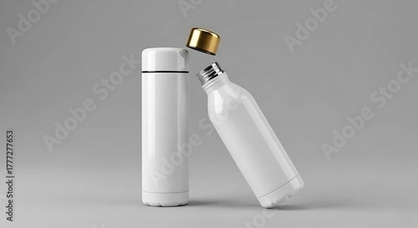 Fototapeta Two pristine white and shiny thermal flasks, one tilted, with a golden cap hovering above one. Soft gray background