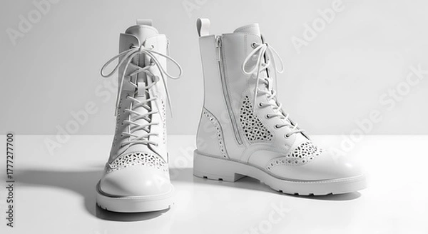 Obraz Two pristine white ankle boots, each with laces, perforations, and a low heel, are displayed. One features a zipper