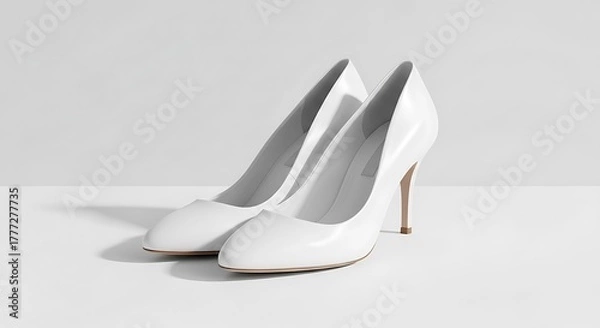 Fototapeta Two pristine white high-heeled pumps, angled slightly, cast long shadows against a clean, bright backdrop, highlighting the sleek design