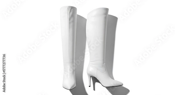 Obraz Two pristine white, high-heeled boots, positioned in a forward-facing stance. They are placed against a white backdrop, casting defined shadows