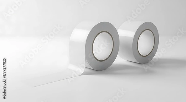 Fototapeta Two pristine white tape rolls on a neutral surface, one unspooling. The lighting creates subtle shadows
