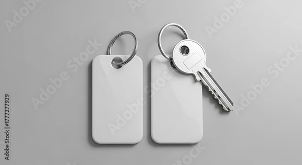 Fototapeta Two rectangular keychains, one with a key attached, lie against a neutral gray background. The key and tags are monochrome