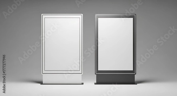Fototapeta Two rectangular, illuminated, blank display units stand side-by-side, one white, one dark grey, against a grey background