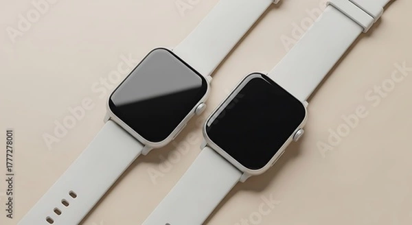 Fototapeta Two rectangular smartwatches, side-by-side, with light-colored straps. The screens are black against a cream-colored background