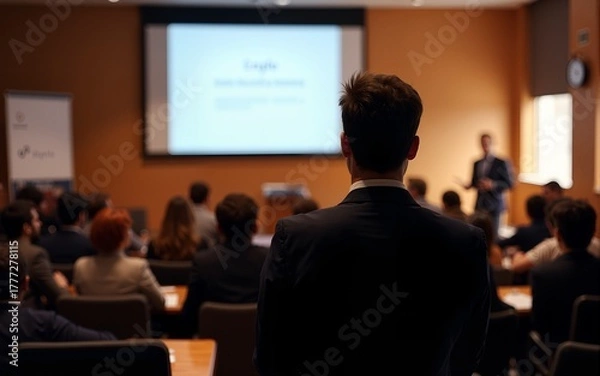 Fototapeta A person speaking to a large group of people, suitable for presentations, meetings, and conferences. High quality