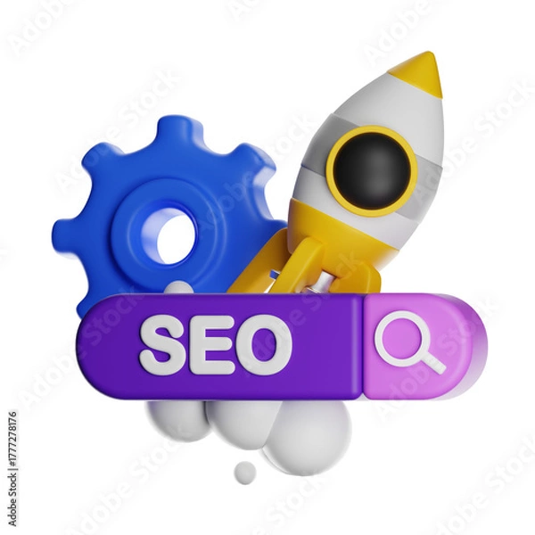 Fototapeta Seo text search bar with rocket and cog