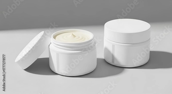 Obraz Two white cosmetic jars, one open with cream visible, the other closed, set against a grey background with shadows