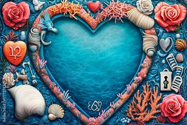 Fototapeta Heart-shaped coral reef frame showcases vibrant underwater life with colorful marine elements