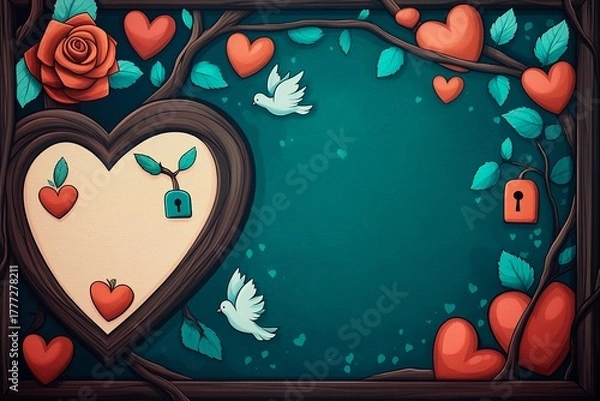 Fototapeta Colorful orchard path framed with hearts and roses highlights love and connection in nature setting