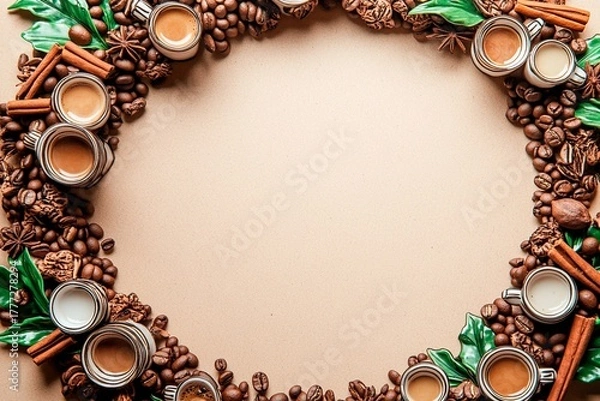 Fototapeta Wreath decorated with miniature coffee cups and aromatic spices in a cozy cafe setting