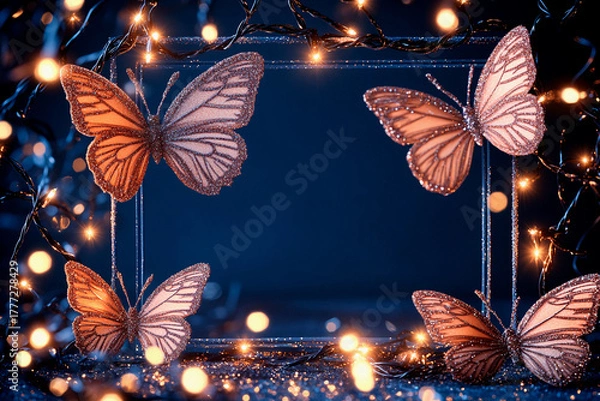 Obraz Delicate butterfly ornaments with glitter-dusted wings and glowing decorations create a whimsical atmosphere