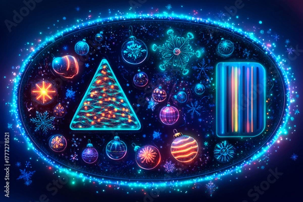 Fototapeta Bioluminescent decorations create a vibrant holiday atmosphere with ornaments and sparkling lights