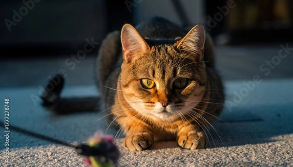 Obraz Close-up view of a cat sitting on the floor, body low and ears back, eyes fixed on a moving toy. Warm light and shallow depth of field highlight concentration, excitement, and playful energy 