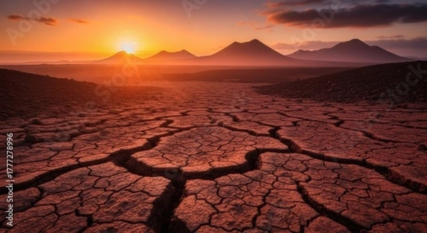 Obraz A cracked earth scene glows under a fiery sunset, distant mountains silhouetted