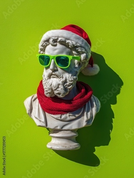 Fototapeta Classical marble bust of a bearded man wearing a Santa hat and scarf on a vivid green background. A fusion of ancient sculpture with festive elements, blending tradition, humor, and modern contrast.