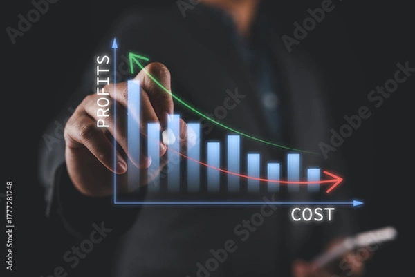 Fototapeta Concept of the relationship between low cost and high profits, Cost benefit analysis of enterprises, Enterprise returns, Comparison of profits and costs to plan business improvements.
