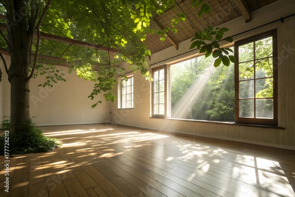 Obraz Tranquil Japanese-style interior with wooden floor, sunlight through leaves. Symbol of mindfulness, peace, personal growth and balance in life. Perfect for wellness and mindset themes.
