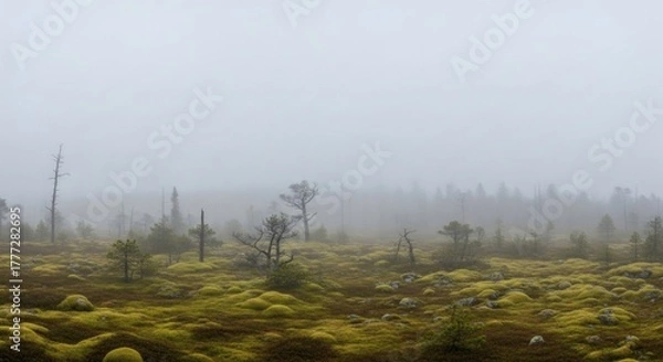 Obraz A misty, somber swamp scene with muted colors and weathered trees. Landscape photograph