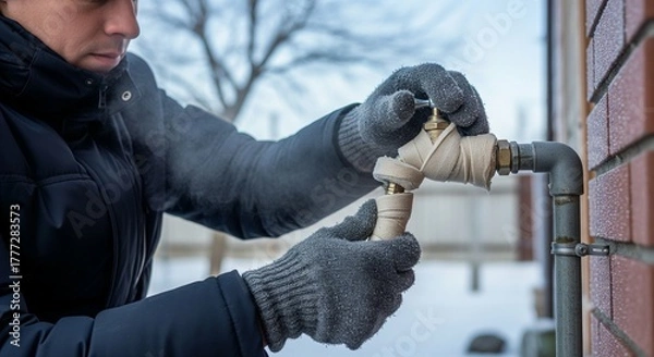 Fototapeta Wrapping outdoor faucets to prevent freezing, crisp cold environment