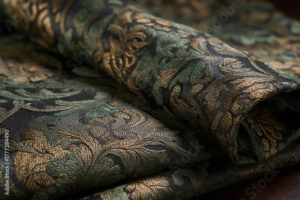 Fototapeta Subtle Textured Green and Bronze Damask Upholstery Ambience. Use for: Interior Design Apps, Classic Celebrations. Color Theme and Style: Earthy Greens and Bronzes, Refined and Classic Style.